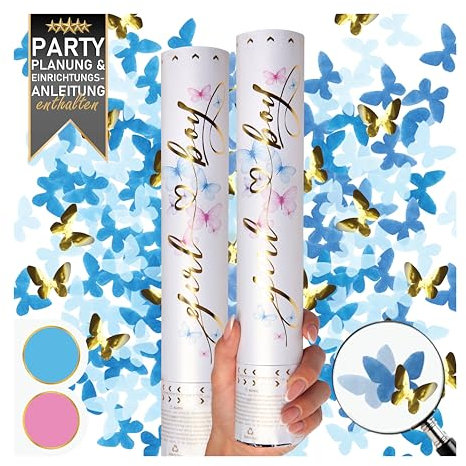 PrimePure Gender Reveal Sparacoriandoli - Coriandoli a Forma di Farfalla - Blu, Confezione da 2 - Farfalle Cannoni Spara Coriandoli Ideali per Rivelazione del Genere Bambino, Gender Reveal Party