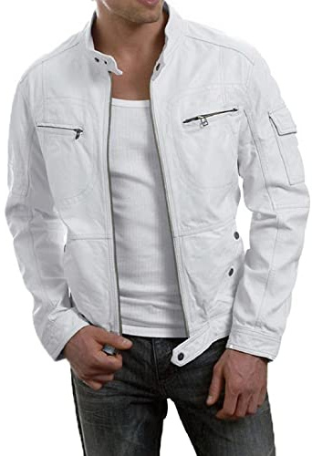 HiFacon Uomo Bianco Vera Pelle Giacche Vintage Moto Pelle di agnello Giacca Uomo, Bianco - Giacca in Vera Pelle, L