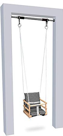 Holz Babyschaukel Kinderschaukel Holz Babywippe Zimmerschaukel Indoor Baby Schaukel Stoff Babysitz Baby Schaukel zum Aufhängen 4 in 1 Sicherheitsgurt + 2X Befestigungshaken (Natürliche&Grau)