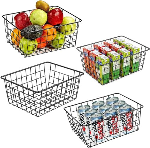 CIFFRA 4PCS Black Wire Storage Baskets with Handles, 28x22x12cm Metal Organizer Bins for Kitchen, Pantry, Bathroom, Freezer & Office - Durable Stackable Storage Solutions