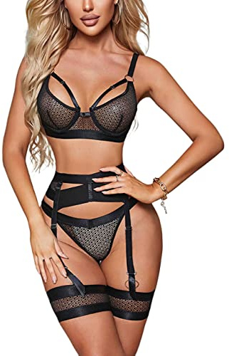 Aranmei Ensemble Lingerie Femme Sexy avec Porte-Jarretelles, 4 Pièces Lingerie avec Jarretelles et Poignets de Cuisse Armatures Ensembles Soutien-Gorge et Culottes, sans Bas, Résille, L