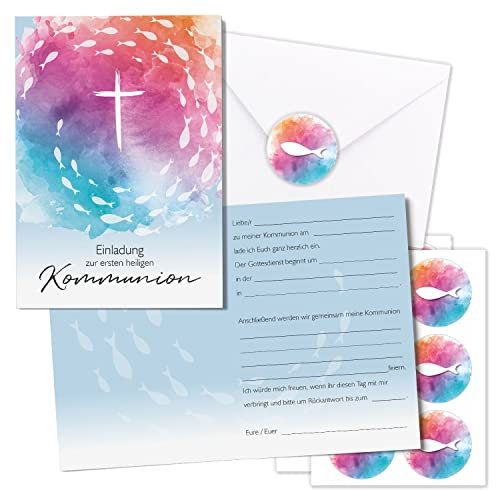 younikat 15er Set Kommunionskarten - Klappkarten in DIN A6 mit 15 Umschlägen und 18 passenden Aufklebern - Einladungskarte und zur Erstkommunion - dv1167