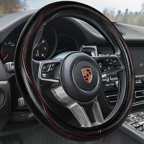 HAOKAY Top Grade Black Genuine Leather Steering Wheel Cover Women Men, Luxury Steering Wheel Cover for Cars, SUVS and Trucks, Universal 14.5-15 inch