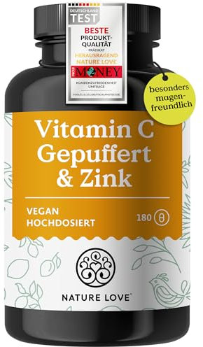 NATURE LOVE® Vitamin C Gepuffert & Zink – 180 Kapseln – hochdosiert 1000mg + 15mg Zink – Fermentation von Mais, pH-neutral, säurefrei – laborgeprüft, vegan und in Deutschland produziert