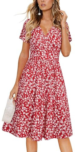 VOTEPRETTY Women's Summer Dress Short Sleeve Midi Dresses for UK V Neck Wrap Floral Sundress with Pockets