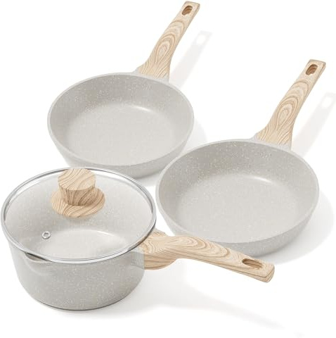 RIOVARM Non-stick panna, induktionspanna med lock, 18 cm och 20 cm kastrull, 24 cm stekpanna med granitbeläggning, köksredskap set utan PFOA, mjölkpanna, omelettpanna, äggpanna
