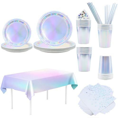 Platos y Vasos para Cumpleaños, Vexillic 121 Piezas Reutilizable Vajilla Fiesta Platos con Papel Servilletas Vasos Pajitas para Fiestas, Bodas, Aniversarios para 24 Invitados
