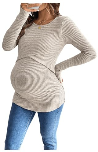 MakeMeChic Women's Maternity Shirts Knit Wrap Nursing Top Fall Maternity Clothes Khaki X-Large