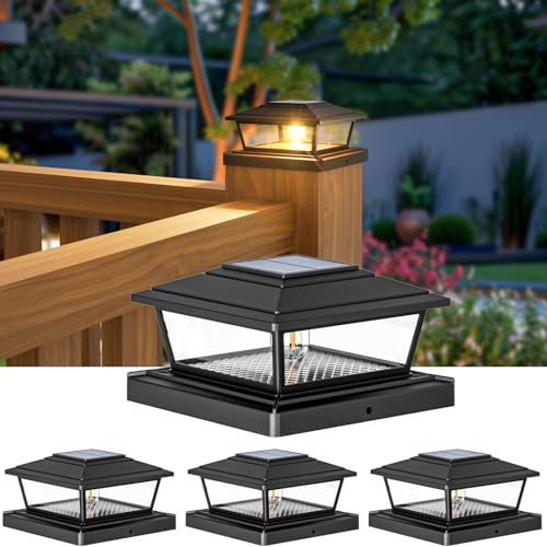 btfarm 4 Paquete Farola Solar Exterior, IP65 Luz Solar Exterior jardin, 2 Modos Impermeable Luz de Camino Lámpara de Poste para Patio Jardín 4x4 6x6 Vinilo Poste de madera, Blanco Cálido