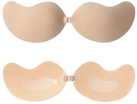 FUIPVGI 2 Piezas Sujetador Invisible Adhesivos,Sujetador Adhesivo Push Up,Cazuelas Adhesivas para Mujer Reutilizable sin Tirantes Espalda(FR/ES, Tamaño de Copa & Medida de Contorno, B, Beige)