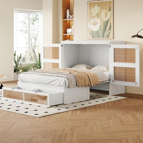 OOIILLEE Letto a scomparsa 140 x 200 cm con rete, letto pieghevole da parete con rete a doghe e cassetti, design rattan, letto adolescente, bianco