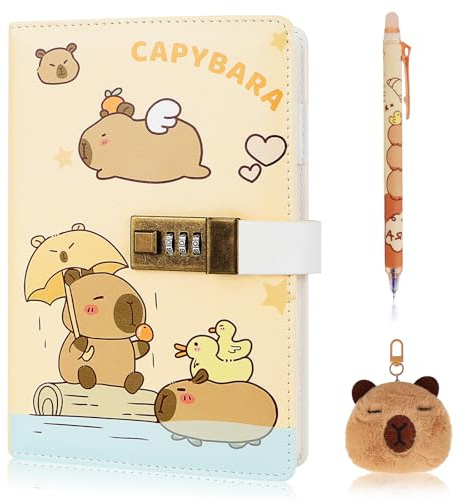 IETWATE Set de diario Capybara con cerradura: diario A5 punteado con código, cuaderno de 256 páginas para niños, diario para niños con bolígrafo y llavero de Capybara, para niñas, niños, mujeres