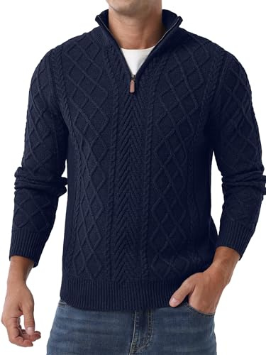 QIXING Men’s Quarter Zip Cable Knit Jumper 1/4 Zip Mock Neck Jumper Casual Long Sleeve Pullover Soft Knitted Tops with Ribbed Edge (Navy Blue, L)