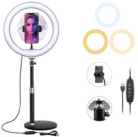 BRAVECOW Ringljus med stativ, 10,5 tum selfie ringljus, streaming ljusvideoljus med 3 ljusfärger och 10 ljusstyrkor, bord selfie ljus för makeup, videokonferens, YouTube, TikTok, zoom