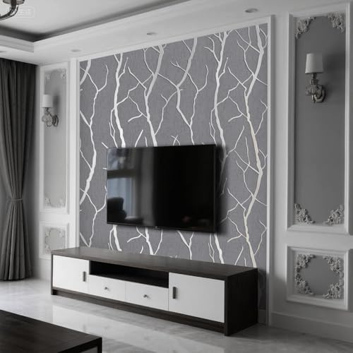 Anttyscar Grey Wallpaper 3D Embossed Silver Branch Glitter Wallpaper Modern Minimalist Non-Woven Curve Patterns for Adults Kids Bedroom Living Room Lounge TV Backdrop Hallway and Stairs