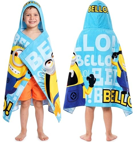 Get Trend Minions Toalla con Capucha Niño 4-12 Años, Poncho Toalla de Baño Infantil de Algodón, Suave y Absorbente, Piscina Playa Poncho, Accesorio de Viaje, Regalo para Niño (Azul/Amarillo Minions)