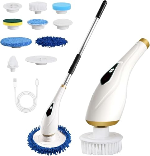 Focenat Cepillo de Limpieza Electrico, Cepillo Limpieza Hogar, Cepillos Electrico Limpiezas Kit con Mango Ajustable, Cepillos de Limpiezas Giratorio para Baño,Cocina,Coche, 8 Cabezas de Cepillo