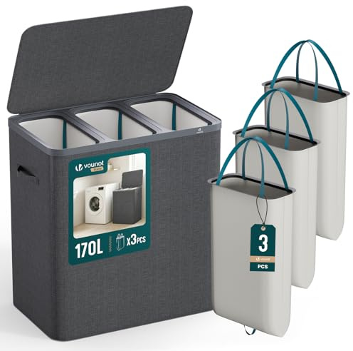 VOUNOT® Cesto Portabiancheria 170L Rettangolare a 3 Scomparti con Coperchio, Cesto Biancheria Grande Capacità con 3 Sacchi Rimovibili Autoportante e Manici, per Bagno, Camera e Lavanderia, Antracite