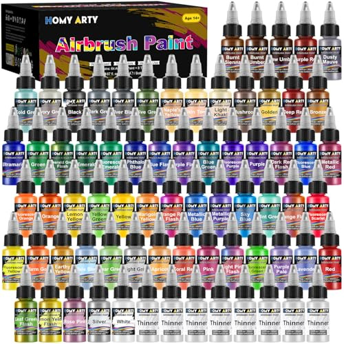 HOMY ARTY Airbrush färg - 64 färger med 8 förtunnare akrylluftborste set, vattenbaserad färger airbrush med Iriserande, neon och metalliska färger, redo att spraya, för metall, plastmodeller, 20 ml | med hudfärg, vattenbaserad luftborste färg, bred sprayklar, metall, plastmodeller, duk, 20 ml/flaska