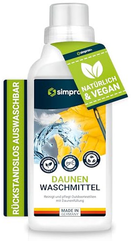 simprax® Daunen Detersivo Liquido Lavatrice Per Piume E Piumini – Certificato GOTS & Biodegradabile, Senza Residui & Profumi – Cura Professionale Per Giacche In Piuma Sacchi A Pelo E Coperte – 500 ml