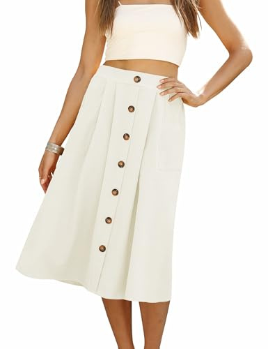 Naggoo White Skirts for Women Summer Button Front Casual Midi Linen Skirts with Pockets Solid White S
