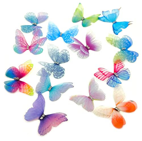 Niuhong 70 Pcs 3D Schmetterlinge Transparent Stoff Schmetterling Haarclips DIY Nagel Charms Kopfbedeckungen Schmuck Kleidung Mädchen Damen Butterfly Wandtatoo Bunt Organza Chiffon Mit Strass (A)