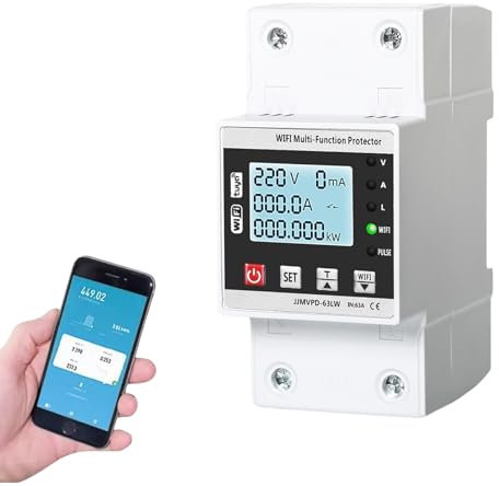 DEWIN Stromzähler Hutschiene, Wechselstromzähler Tuya WiFi Intelligenter Wiedereinschaltschutz AC230V 63A Über-Unterspannungs-Leistungsschalter mit LCD Bildschirm