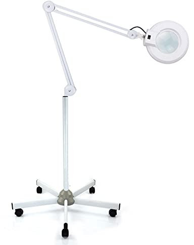 SOPERIT Lámpara con lupa de 24 W LED cosmética 5 dioptrías, luz fría ajustable, sobre trípode, luz anular, blanca, cristal
