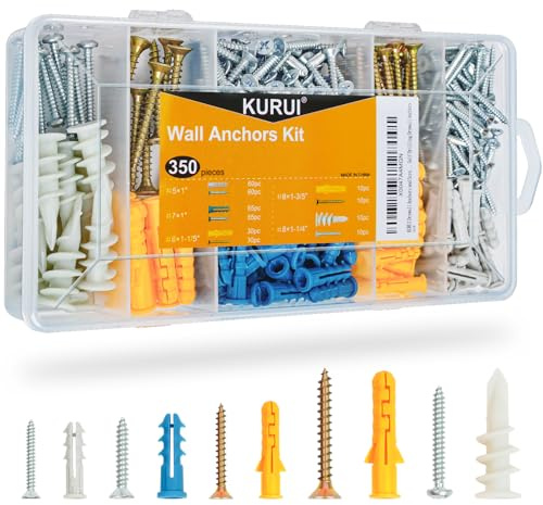 KURUI Drywall Anchors Assortment Kit for Sheetrock Concrete Brick, 350Pcs Wall Anchors and Flat Head Screws, 5 Sizes Picture Hanging Set for Bedroom/Office Wall Art Decor, House Warming Gifts New Home