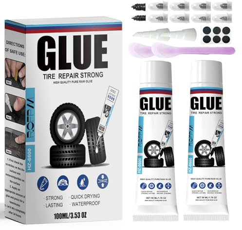 ROFPM Black Tyre Sealant, Tire Repair Glue, Black Tyre Rubber Adhesive with Scraper, Tire Repair Nail, Extended Dropper, Black Tire Patch, Quickly Repairs Tyre Cracks, Punctures (50ml*2)