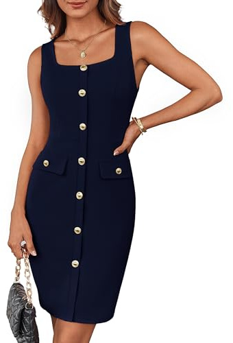 GRACE KARIN Vestido de cóctel elegante para mujer, sin mangas, escote cuadrado, botones, con cinturón, para negocios, trabajo, oficina, vestidos formales, vestido envolvente, bodycon, minivestidos con