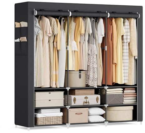 SONGMICS Stoffschrank, Kleiderschrank, 45 x 188 x 176 cm, 3 Hängefächer, mit Ablagen, 4 Seitentaschen, viel Platz, für Schlafzimmer, Wohnzimmer, schwarz RYG009B01