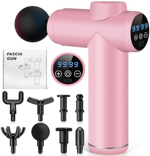 AQXONG Mini Muskelmassagepistole, Tragbares Elektrisches Massagegerät mit LCD Display, 99 Geschwindigkeiten, 8 Massageköpfe, Ultraleise Massagepistole 35DB, Wiederaufladbare Massagepistole