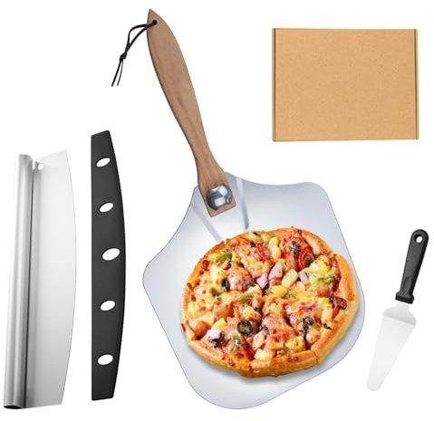 Holzsammlung Ensemble Pelle à Pizza, Pelle a Pizza en Aluminium 30cm (12 Pouces) Avec Poignée en Bois Rotative + Coupe Pizza en Acier Inoxydable + Pelle à Fromage, Pizza Accessoire Convient au Four