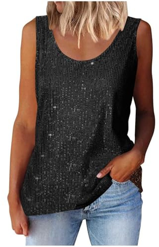 Women's Sequin Tops Elegant Sleeveless Glitter Camisole Vest Ladies V Neck Tank Top Wide Strap Camitops Sexy Sparkly Shimmer Top Summer Tees Daily Club Wedding Party Tops for Night Out Black