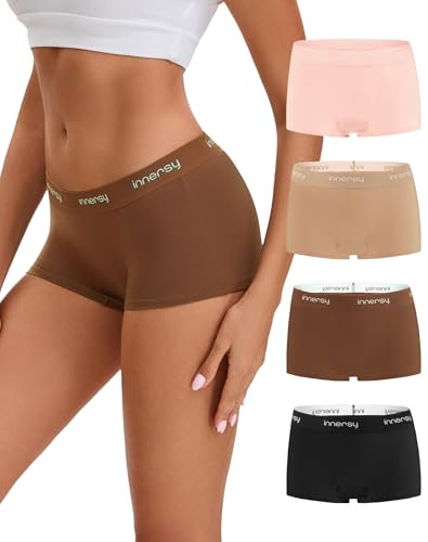INNERSY Boxer Donna Cotone Elasticizzato Mutande Vita Media Hipster Culotte Midi Boyshorts 4 Pack (M, Rosa, Kaki, Nero, Marrone)