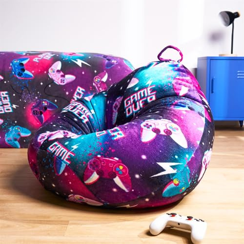 OHS Kids Bean Bag, Purple Gaming Print Cord Beanbag Chair with Filling Included Washable Indoor & Outdoor Use Boys Girls Lounge or Gaming Bean Bag Chair for Playroom Bedroom