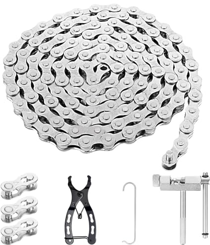 Cadena de bicicleta 6/7/8 velocidades, 1/2 x 3/32 116 eslabones - Juego de herramientas con tronchacadenas, alicates y 3 eslabones rápidos para MTB