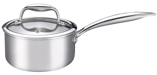 KC-Emier 1-Quart Saucepan with Lid, Tri-Ply Stainless Steel Pot with Stay-Cool Handle & All Cooktop Compatibility (Gas, Ceramic, Electric) - Silver