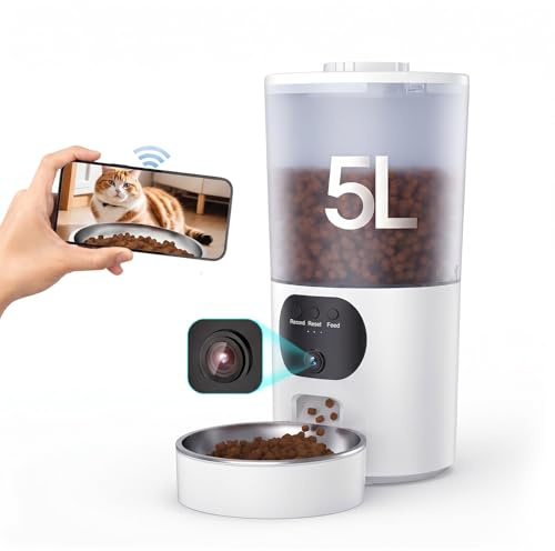 BrooBirder 6L Distributore Automatico Cibo Gatti, telecamera WIFI 1080P HD, Ciotola inox, programmabile porzionato, anti-intasamento e chiusura automatica dell'uscita, batteria di riserva