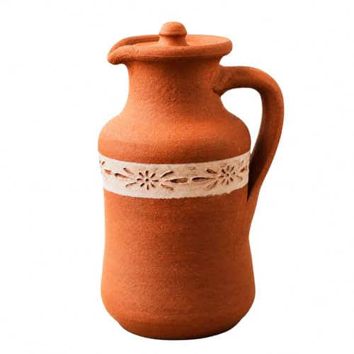 Small Handmade Natural Clay Terracotta Earthenware Earthen Mexican Water Pitcher Jug Pot with Lid for Drinking Drink Ayurveda Healthy Unglazed Pottery Style Indian Mud Kitchen Farmhouse Bohemian