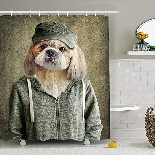 Xlabor Vintage Tier Duschvorhang Wasserdicht Anti-Schimmel Stoff inkl. 12 Duschvorhangringe für Badezimmer Hund-1 180x200cm