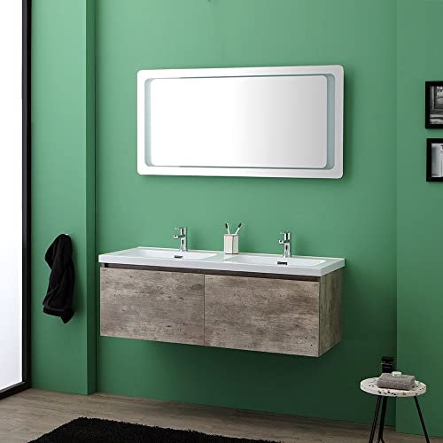 Kiamami Valentina - Mobile Bagno Sospeso 120 cm | Composto da Doppio Lavabo in Resina e Specchio LED Touch 120x60 cm Incluso | Stile Industriale Grigio Cemento, Linea Madrid