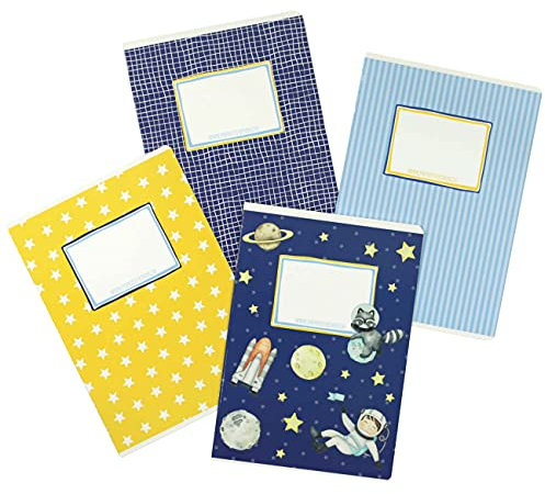 Papierdrachen 4 hochwertige Schulhefte für Kinder DIN A5 | liniert und kariert 32 Seiten - Motiv Astronaut - zur Einschulung für Grundschüler - Set Nummer 5-16 Blatt
