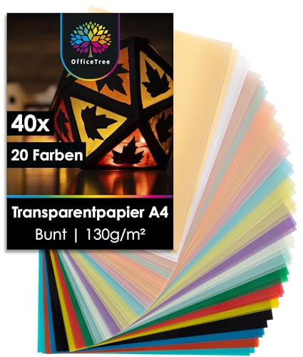 OfficeTree 40x Transparentpapier Bunt A4 – 20 Farben - 130 g/m² - Pergamentpapier Bunt inkl. Gold & Silber - Buntes Transparentpapier zum Basteln von Laternen