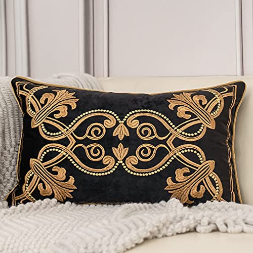Aeckself Funda de cojín Europea de Terciopelo de Lujo de 12 x 20 Pulgadas, Funda de Almohada Lumbar Bordada Floral para sofá, Silla, Dormitorio, Sala de Estar, Negro y Dorado, 30 x 50 cm