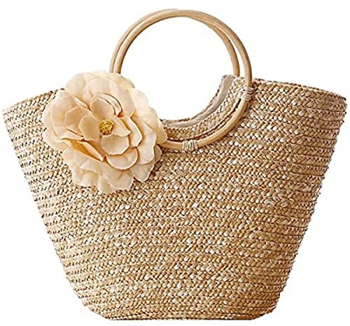 Sacs à main et sacs de paille pour les femmes Sac fourre-tout fait à la main tricoté grand sac de paille d'été rotin tissé sac de plage, beige, 48 cm (lunghezza)