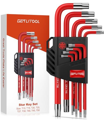 GETLITOOL 9pcs Llave Torx, Juego de Llave Torx Profesional T10, T15, T20, T25, T27, T30, T40, T45, T50, Marca de Tamaño，Llave Hexagonal Acero al Cromo Vanadio para Reparación de Bicicletas