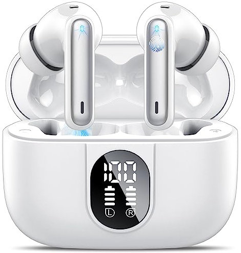 Csasan Ecouteurs Bluetooth sans Fil, 2023 Écouteurs Bluetooth 5.3 HiFi Stéréo avec 4 ENC Réduction de Bruit Mic, 40Heure Contrôle Tactile Oreillette Bluetooth avec Écran LED, Casque Bluetooth Blanc