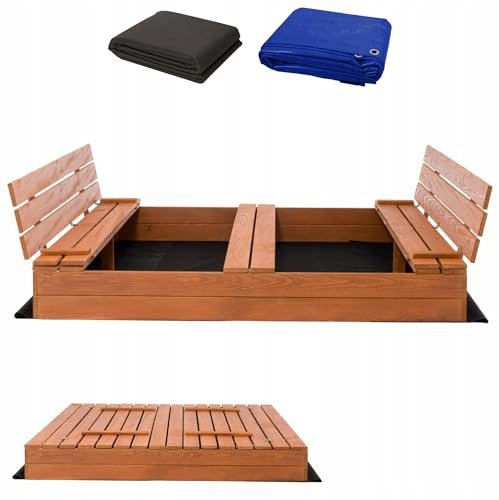 Sandkasten 160x160 cm Imprägniert Sandbox mit Abdeckung Sitzbänken Deckel Plane Sandkiste Holz Kiefer Sandkastenvlies XL XXL
